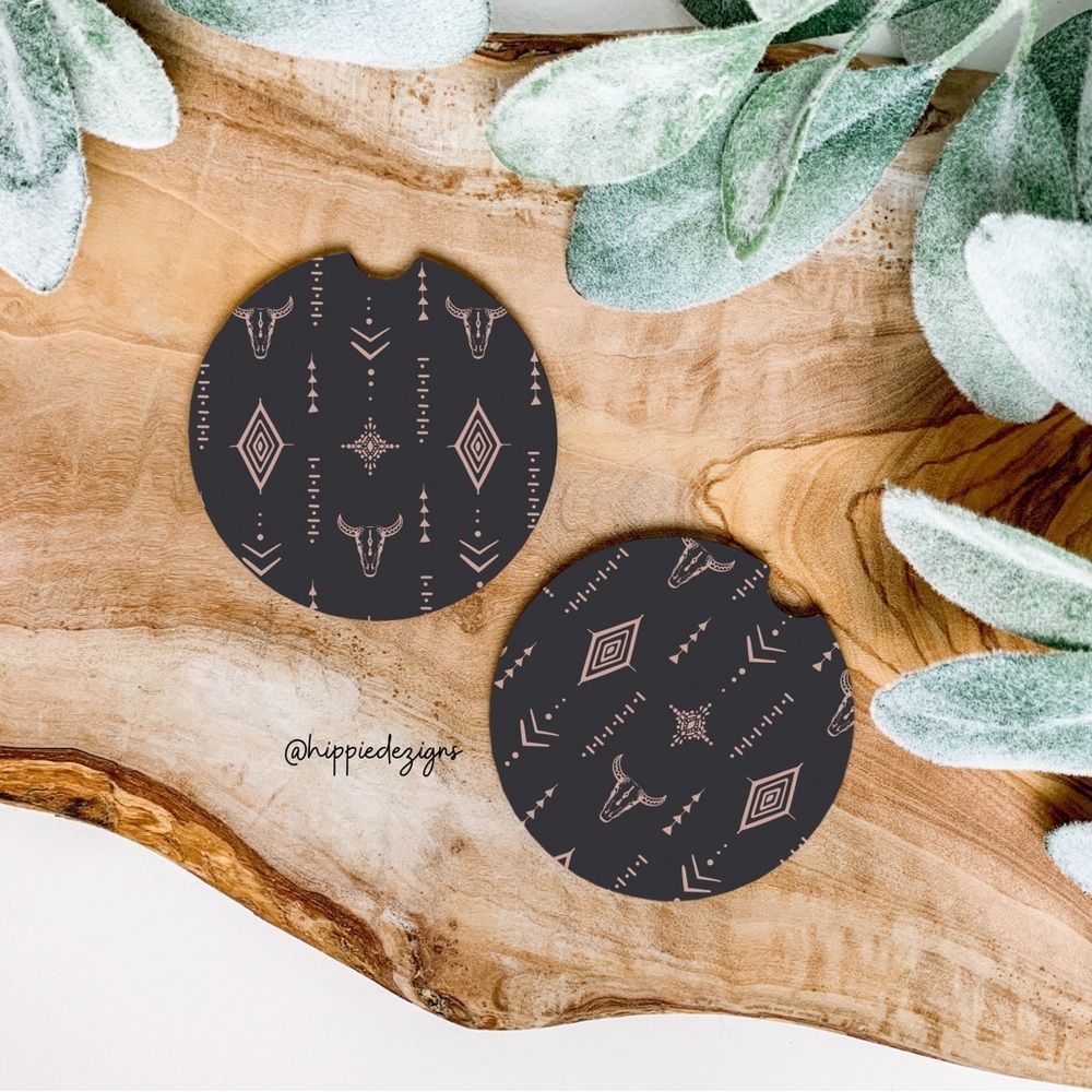 Boho Mini Rams Skull Car Coaster 2 Pack